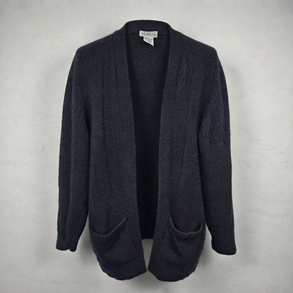 Vintage Lambswool Angora Blend Black Open Unisex Cardigan Sweater Pockets L